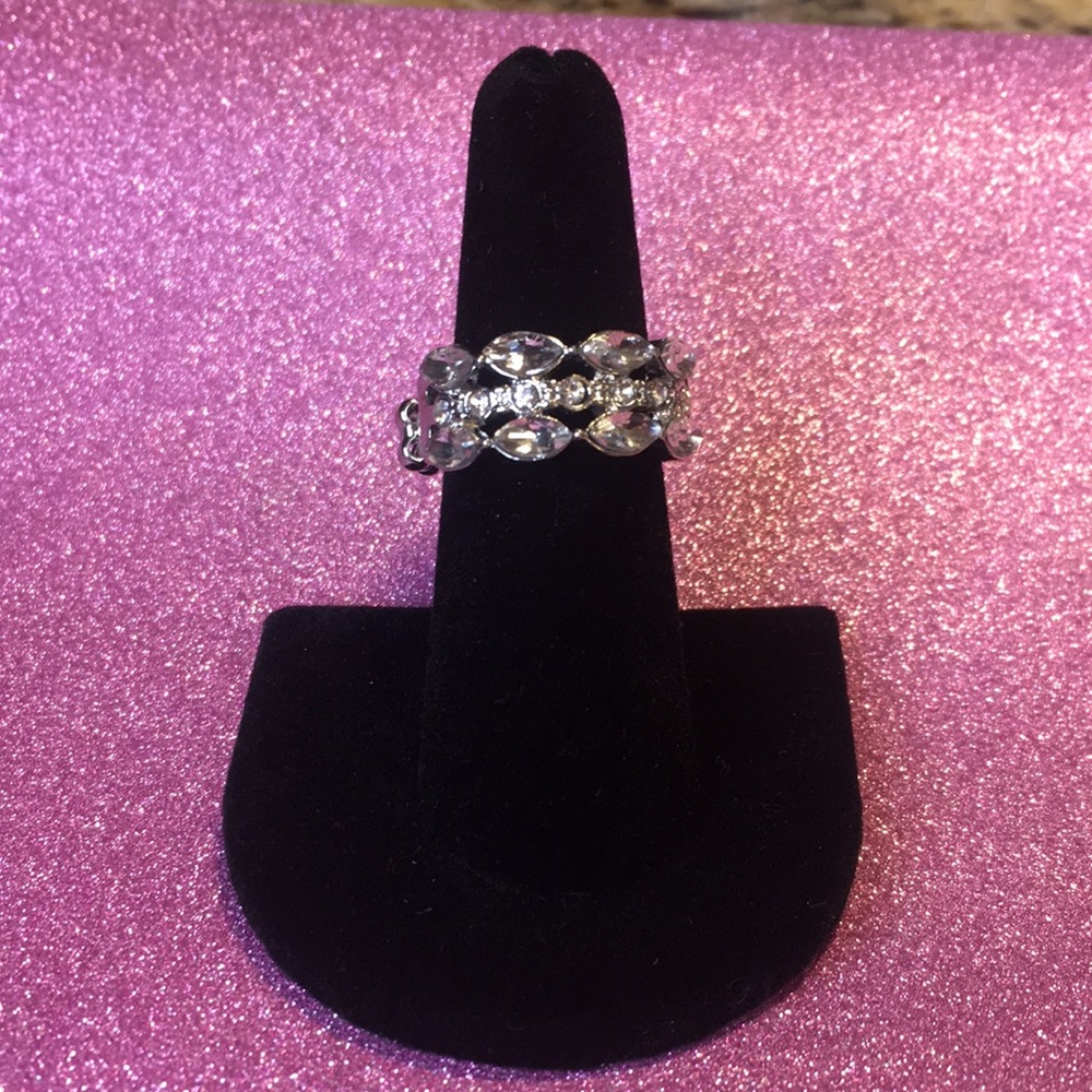 Silver stretchable 3 band cubic zirconia ring